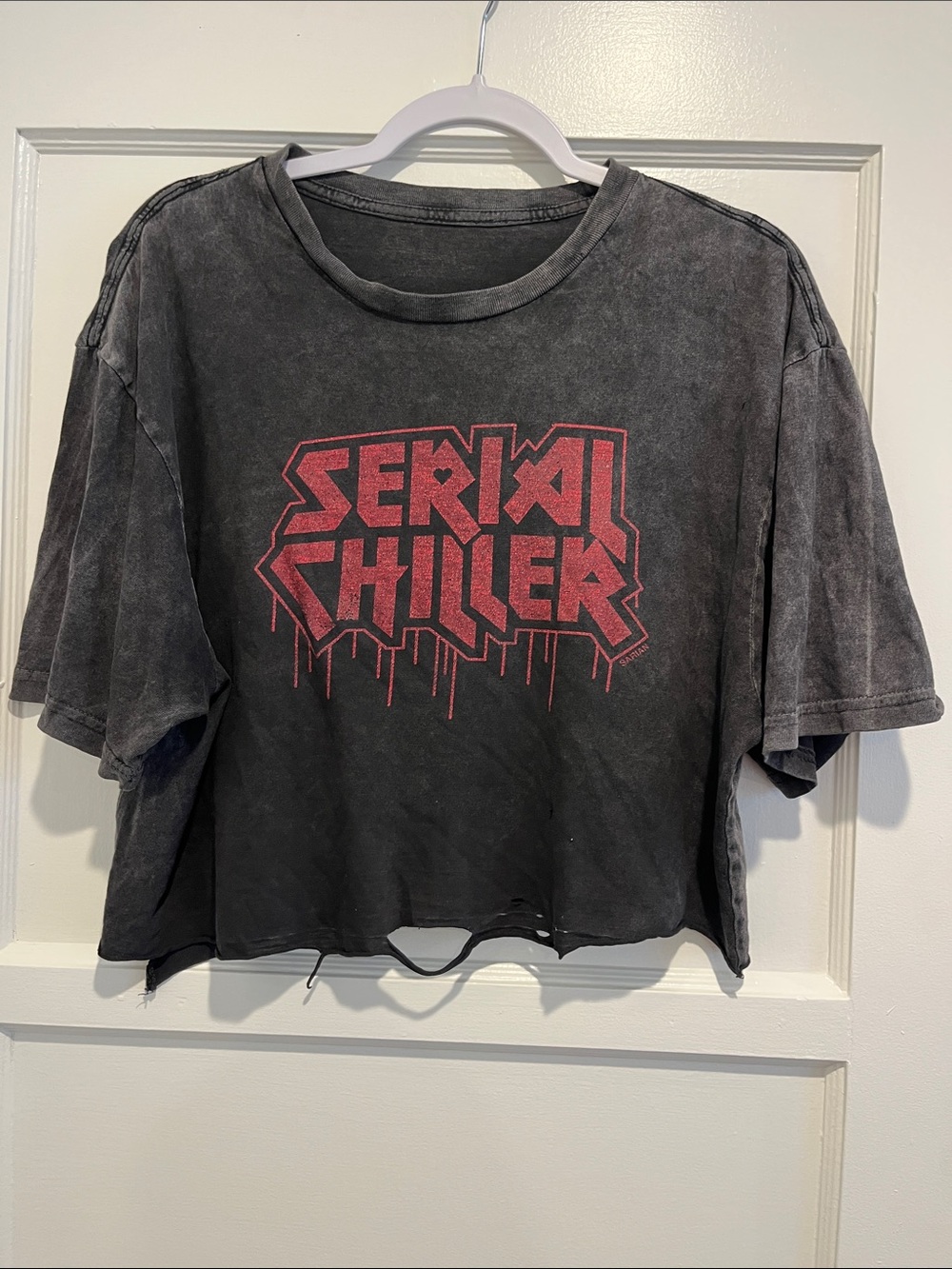 Black Crop Graphic Tee with Pink 'Serial Chiller' Print Soft